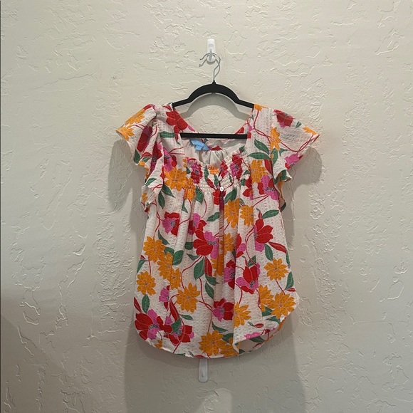 Draper James Tops - Draper James White Flutter-Sleeve Floral Blouse with Pink & Yellow Blooms